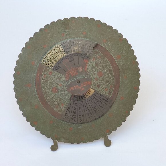100 Year Perpetual Calendar Brass Stand Up 1979-2078 Desktop Disc w Stand UNIQUE - Picture 3 of 10